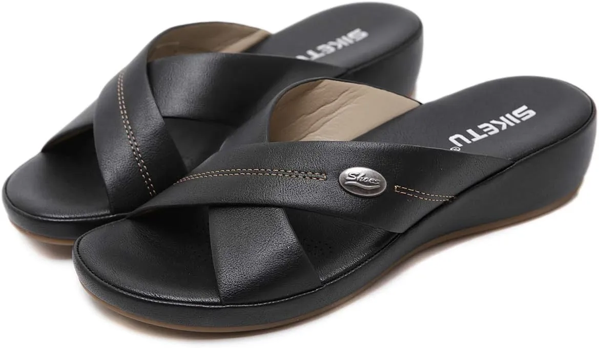 Womens Summer Slip-on Sandals, Comfy Criss-Crossed Straps Slippers for Women