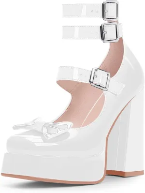 Women's Sweet Bow Platform Mary Jane Pumps Ankle Strap Closed Toe Patent Leather Block High Heels Goth Shoes