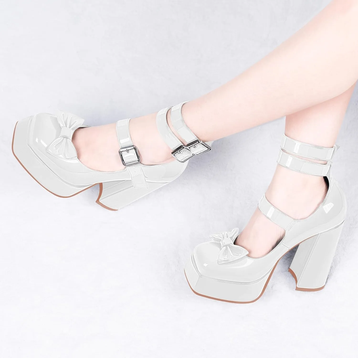 Women's Sweet Bow Platform Mary Jane Pumps Ankle Strap Closed Toe Patent Leather Block High Heels Goth Shoes