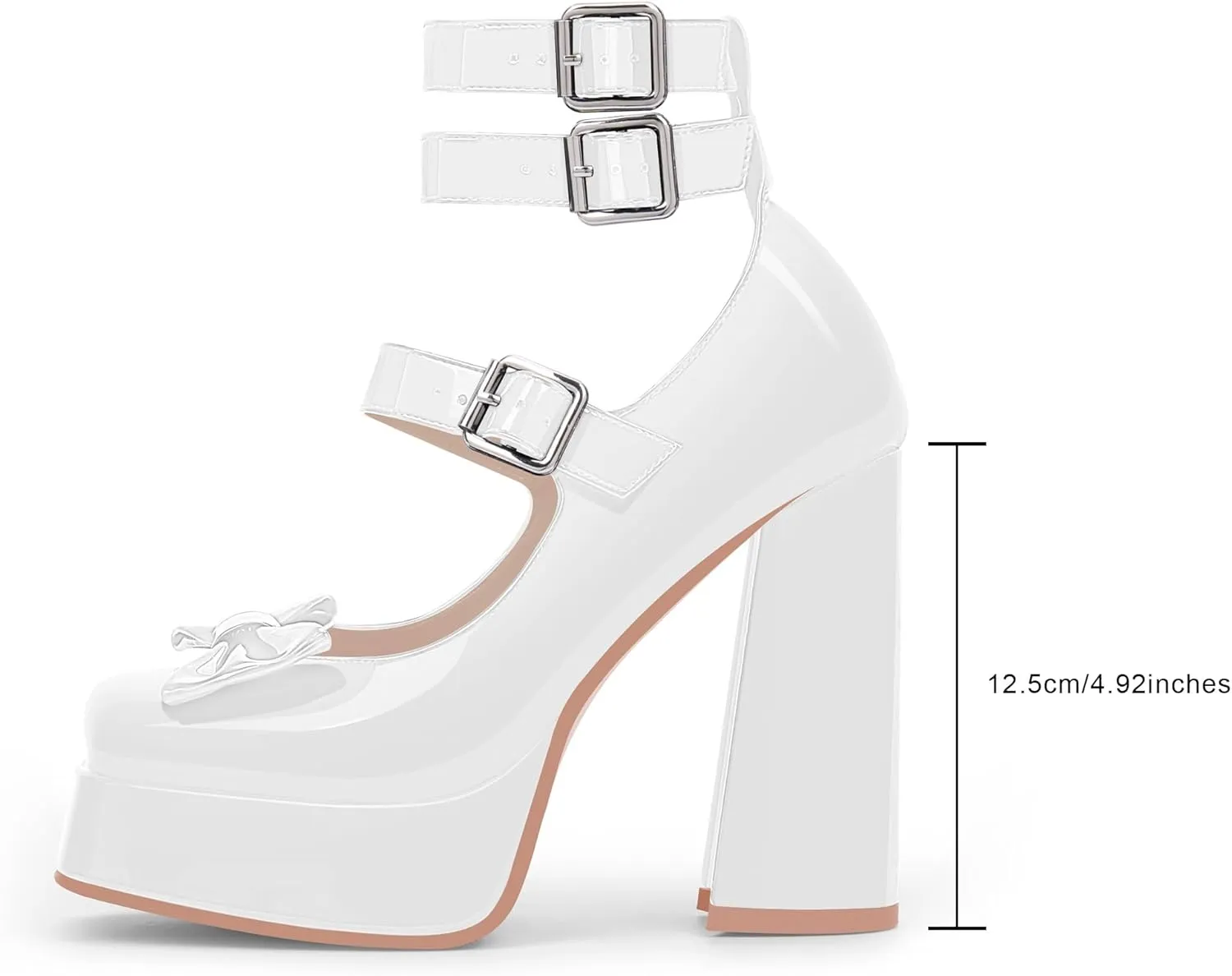 Women's Sweet Bow Platform Mary Jane Pumps Ankle Strap Closed Toe Patent Leather Block High Heels Goth Shoes