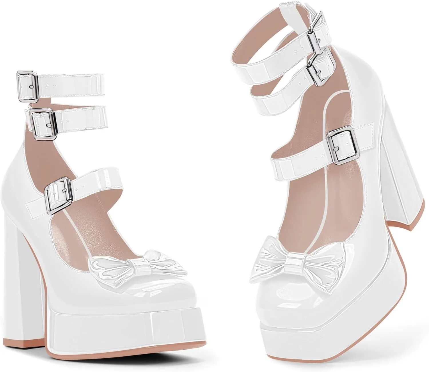 Women's Sweet Bow Platform Mary Jane Pumps Ankle Strap Closed Toe Patent Leather Block High Heels Goth Shoes