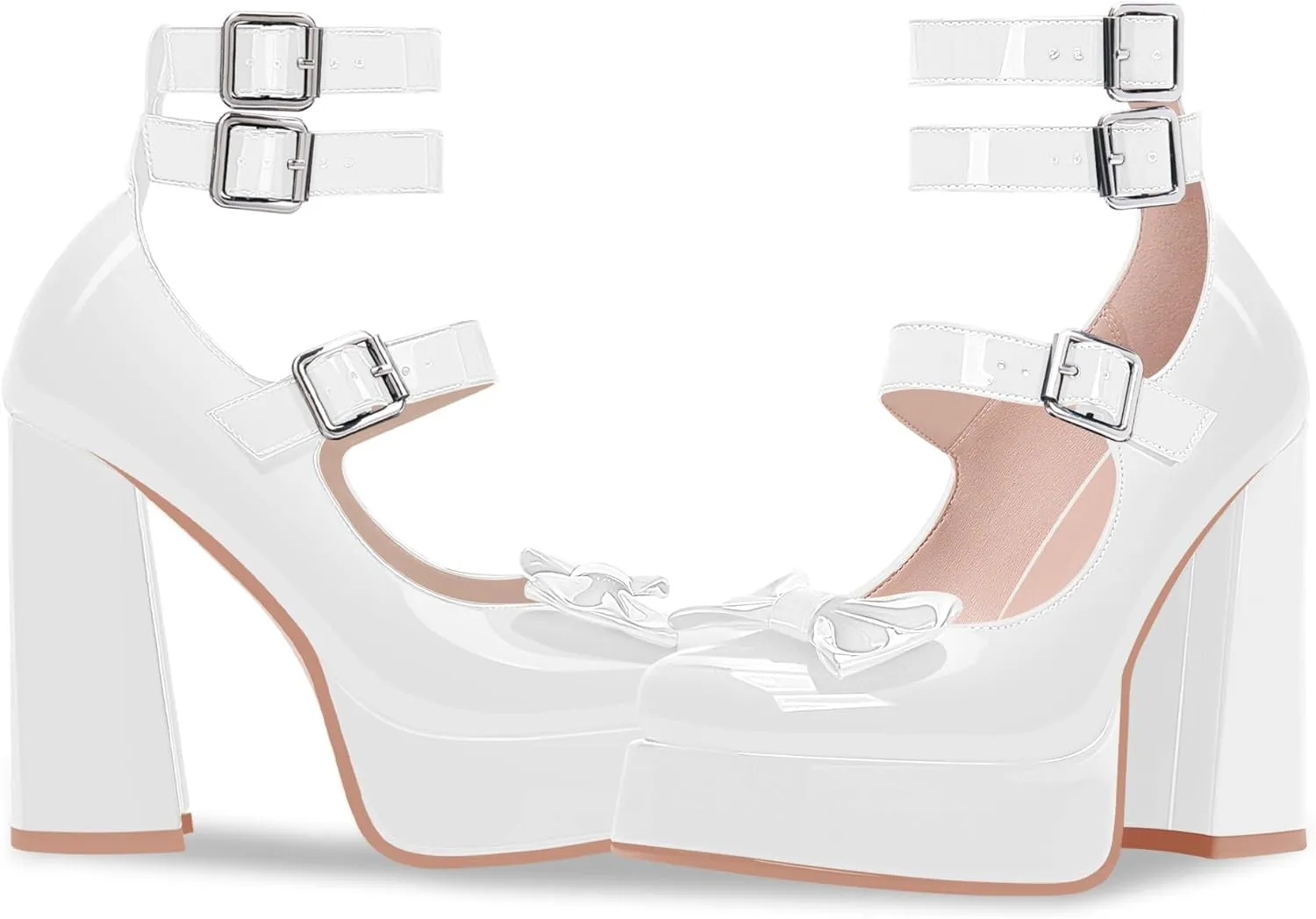 Women's Sweet Bow Platform Mary Jane Pumps Ankle Strap Closed Toe Patent Leather Block High Heels Goth Shoes