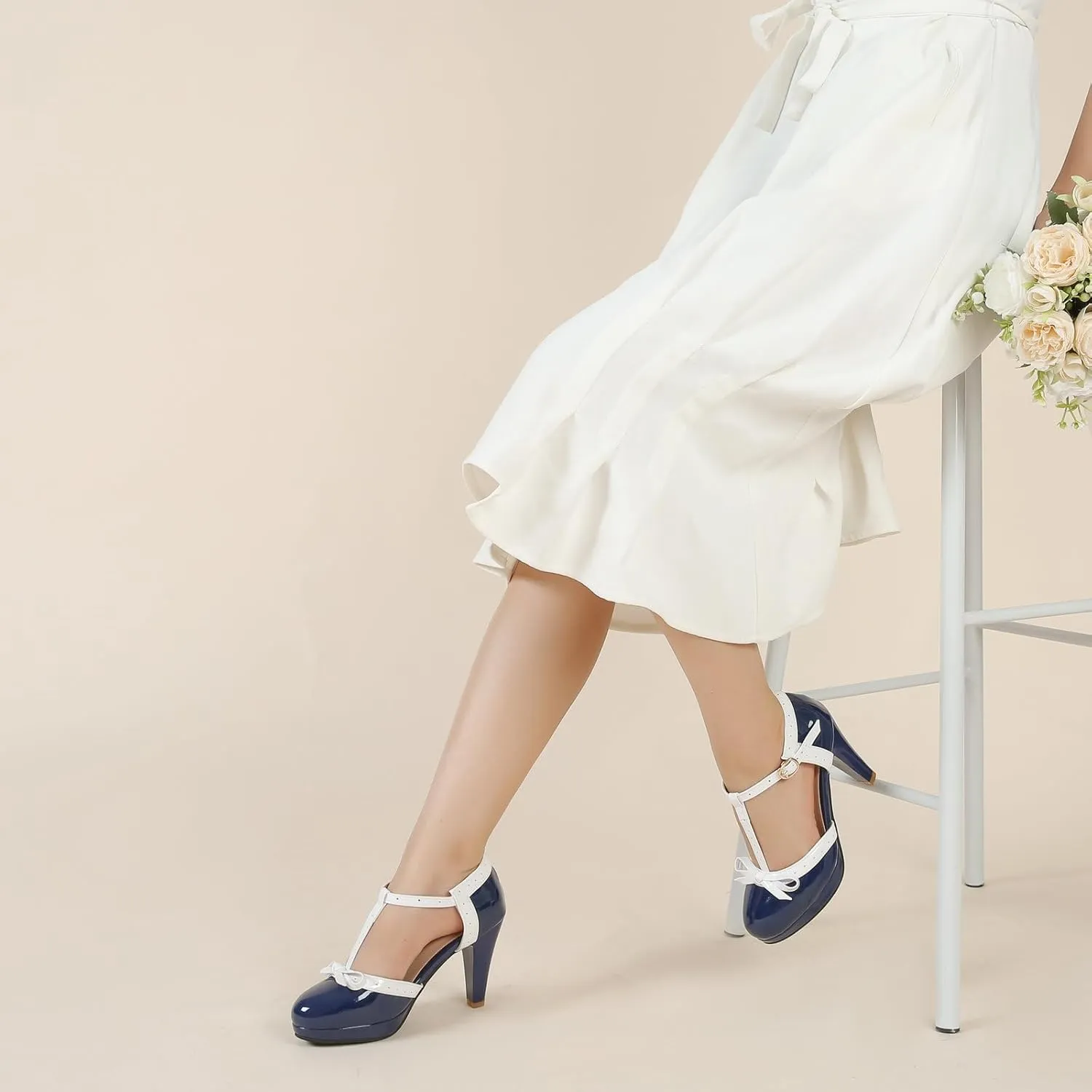 Womens T-Strap Mary Janes Platform Bow Heels Lolita Shoes Round Toe Ankle Strap Vintage 1950 Dress Shoes Oxfords Pumps