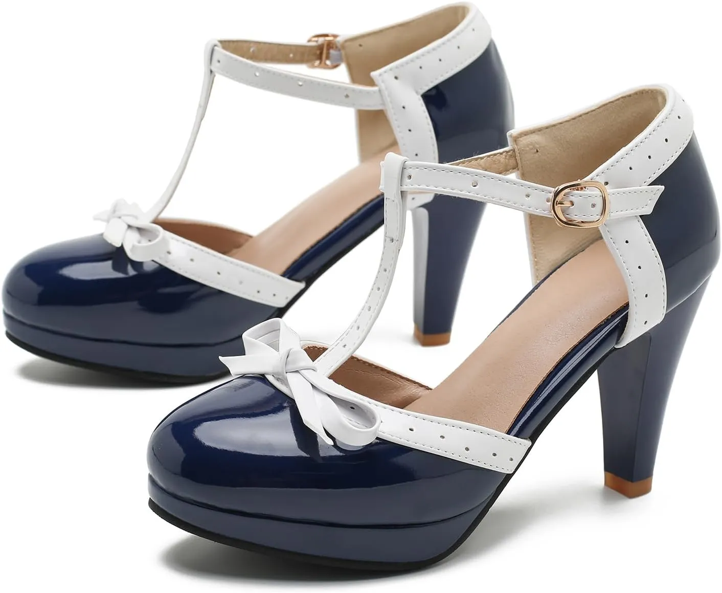 Womens T-Strap Mary Janes Platform Bow Heels Lolita Shoes Round Toe Ankle Strap Vintage 1950 Dress Shoes Oxfords Pumps