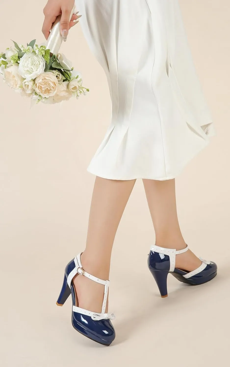 Womens T-Strap Mary Janes Platform Bow Heels Lolita Shoes Round Toe Ankle Strap Vintage 1950 Dress Shoes Oxfords Pumps