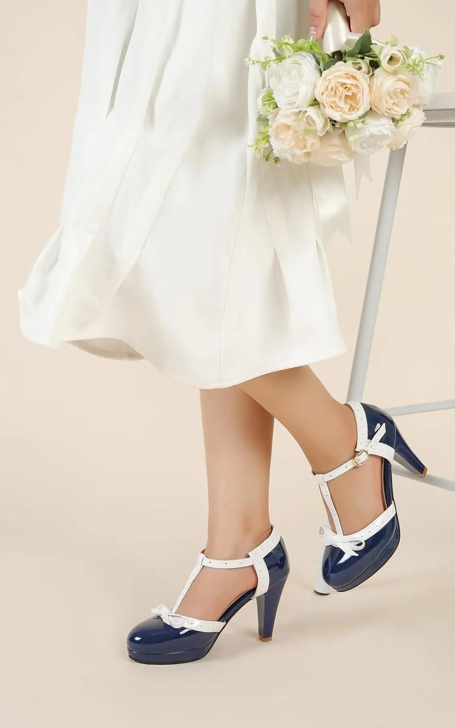 Womens T-Strap Mary Janes Platform Bow Heels Lolita Shoes Round Toe Ankle Strap Vintage 1950 Dress Shoes Oxfords Pumps