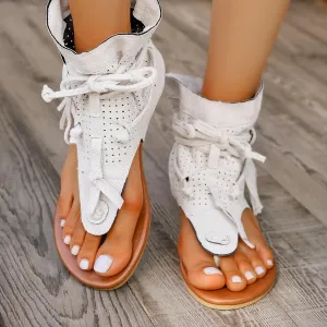 Women's Tassel Gladiator Flip Flops Sandals,Summer Retro Bohemian T-Strap Roman Open-Toe Sandals Casual Beach Flat Clip Toe Ankle Boots