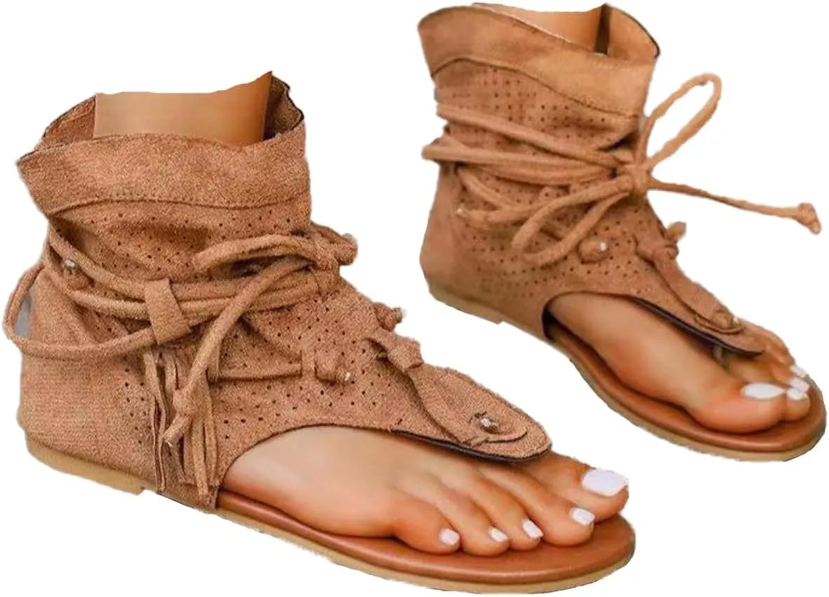 Women's Tassel Gladiator Flip Flops Sandals,Summer Retro Bohemian T-Strap Roman Open-Toe Sandals Casual Beach Flat Clip Toe Ankle Boots