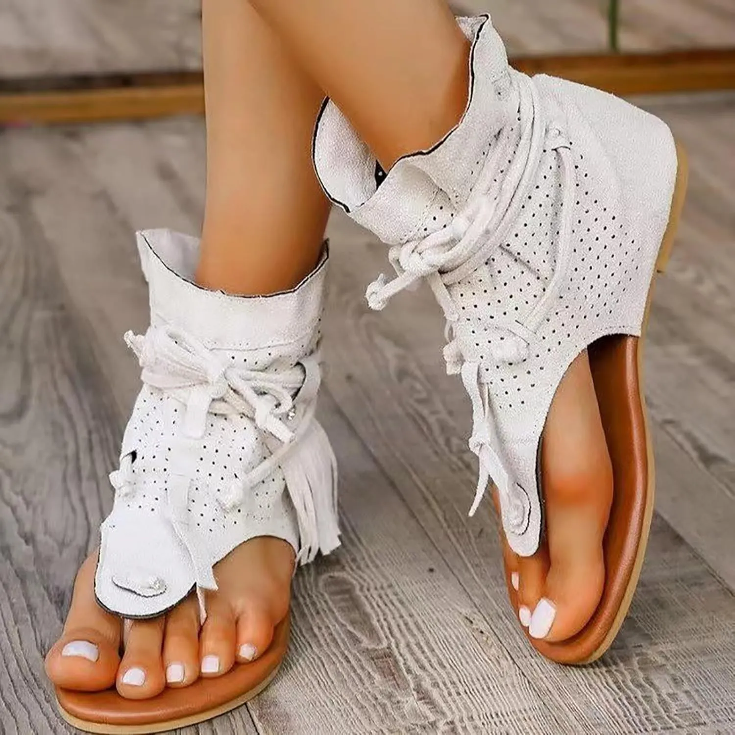 Women's Tassel Gladiator Flip Flops Sandals,Summer Retro Bohemian T-Strap Roman Open-Toe Sandals Casual Beach Flat Clip Toe Ankle Boots