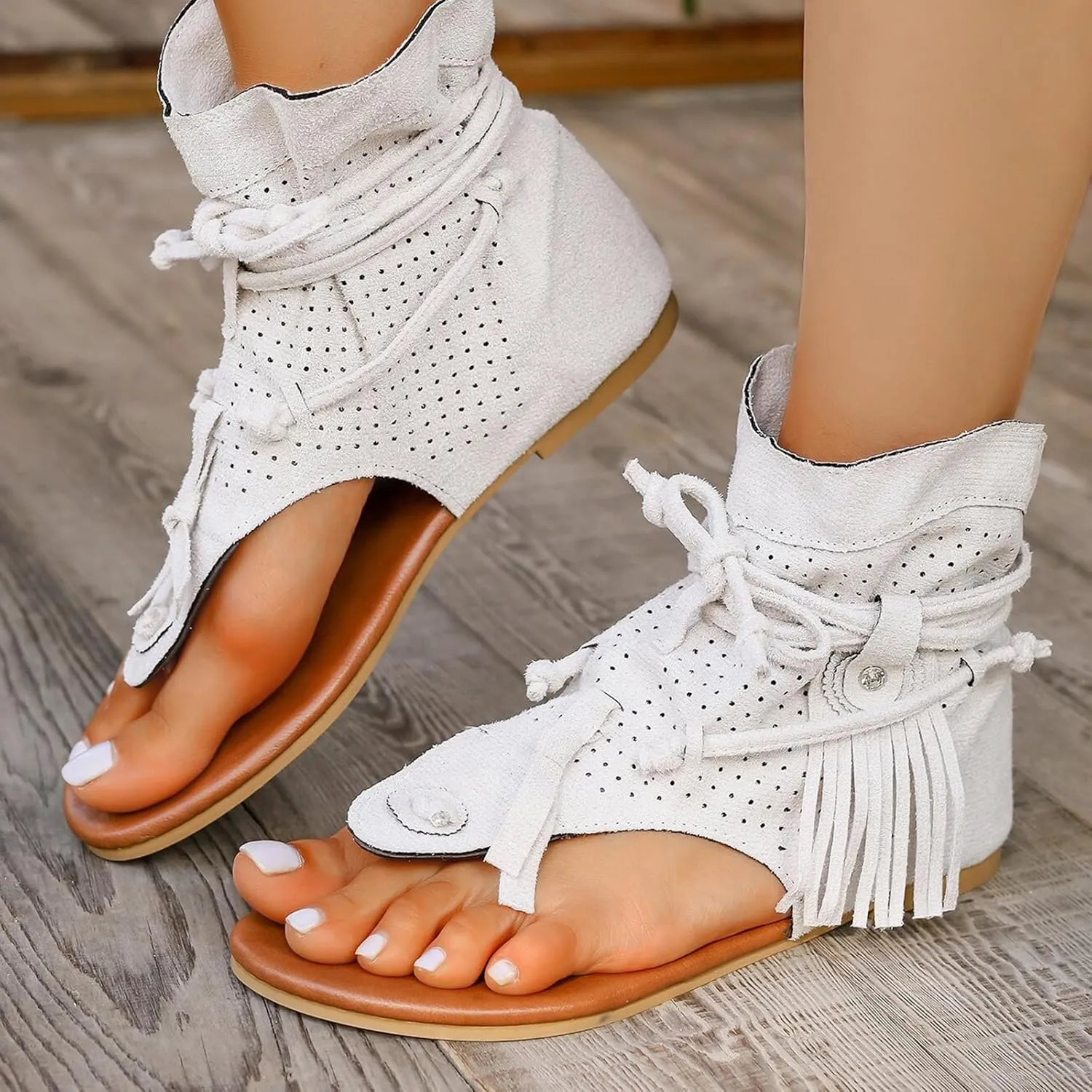 Women's Tassel Gladiator Flip Flops Sandals,Summer Retro Bohemian T-Strap Roman Open-Toe Sandals Casual Beach Flat Clip Toe Ankle Boots
