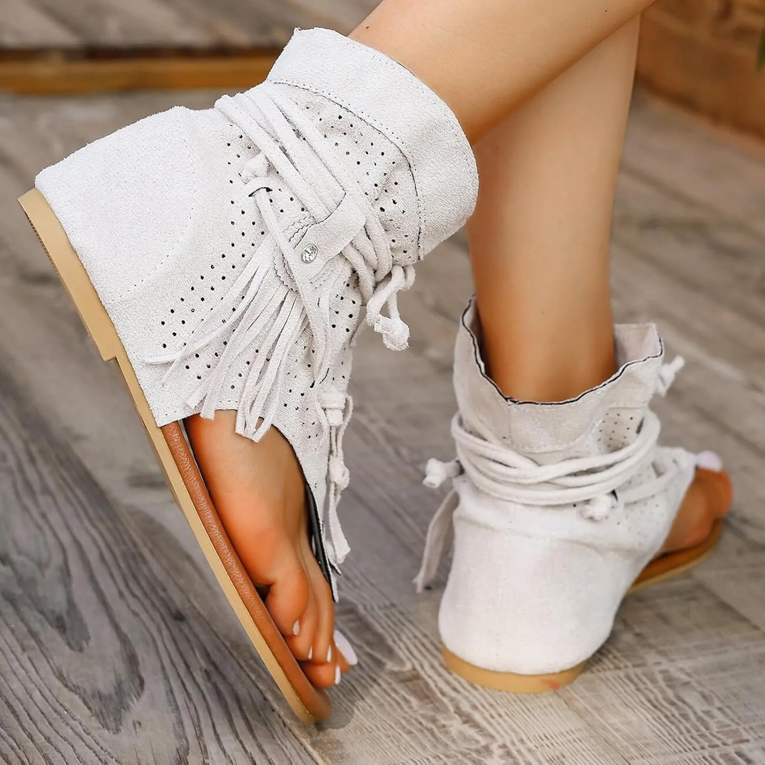 Women's Tassel Gladiator Flip Flops Sandals,Summer Retro Bohemian T-Strap Roman Open-Toe Sandals Casual Beach Flat Clip Toe Ankle Boots