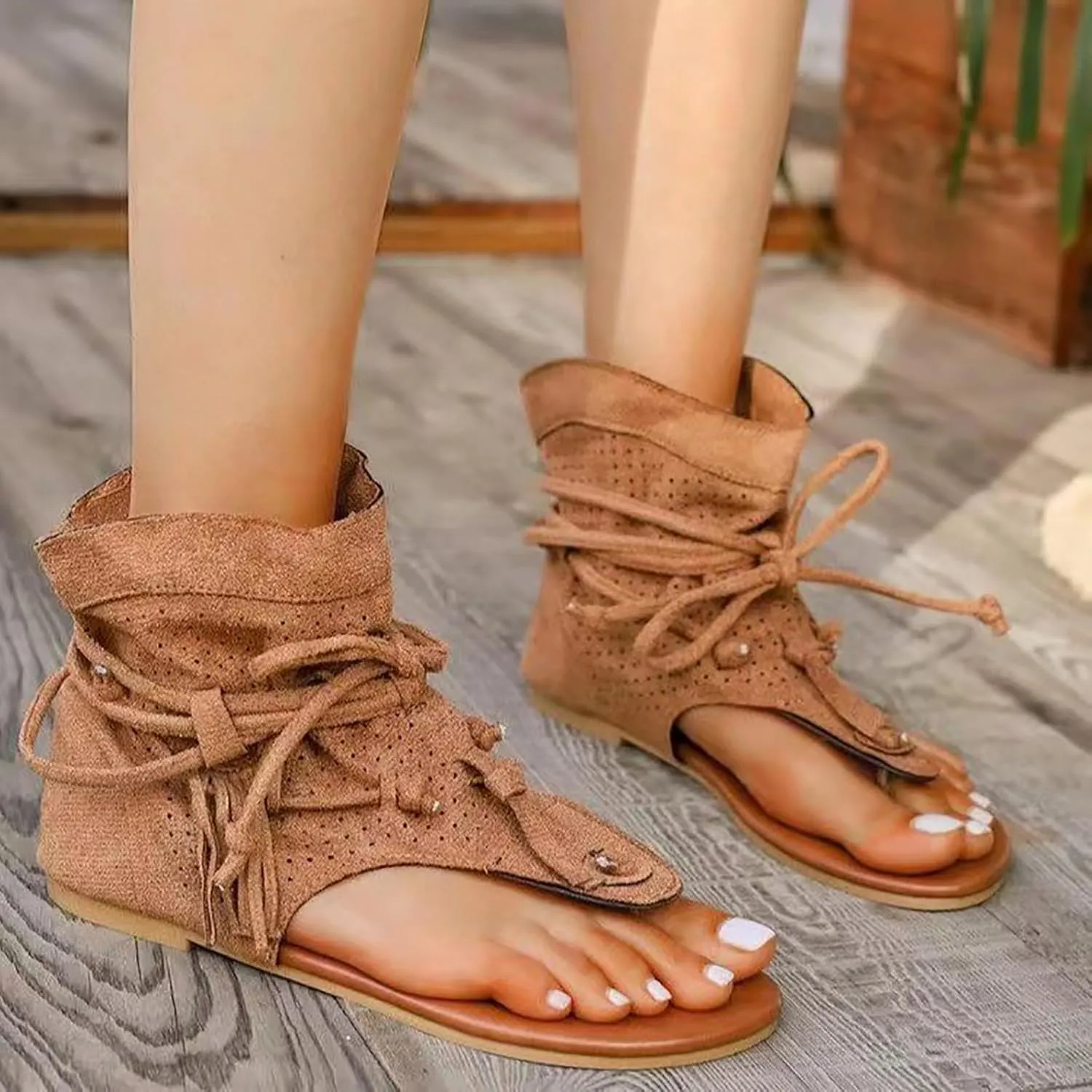Women's Tassel Gladiator Flip Flops Sandals,Summer Retro Bohemian T-Strap Roman Open-Toe Sandals Casual Beach Flat Clip Toe Ankle Boots