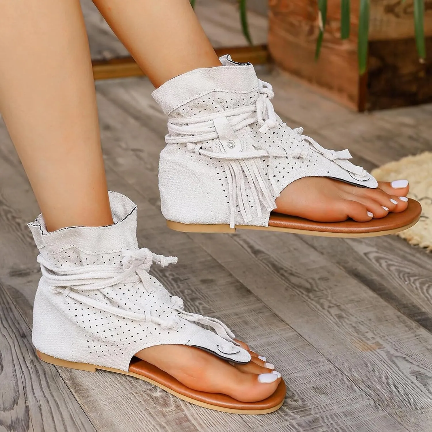 Women's Tassel Gladiator Flip Flops Sandals,Summer Retro Bohemian T-Strap Roman Open-Toe Sandals Casual Beach Flat Clip Toe Ankle Boots