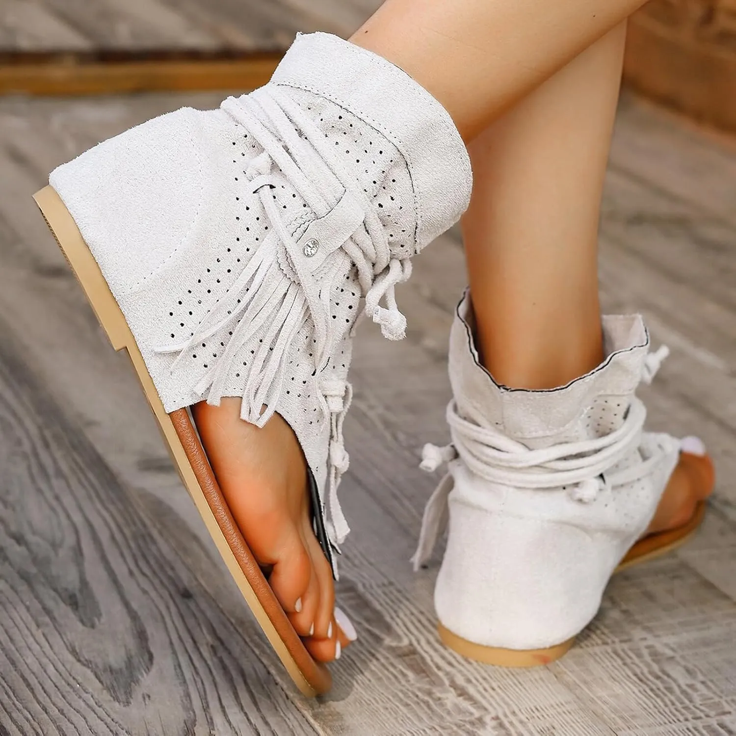 Women's Tassel Gladiator Flip Flops Sandals,Summer Retro Bohemian T-Strap Roman Open-Toe Sandals Casual Beach Flat Clip Toe Ankle Boots