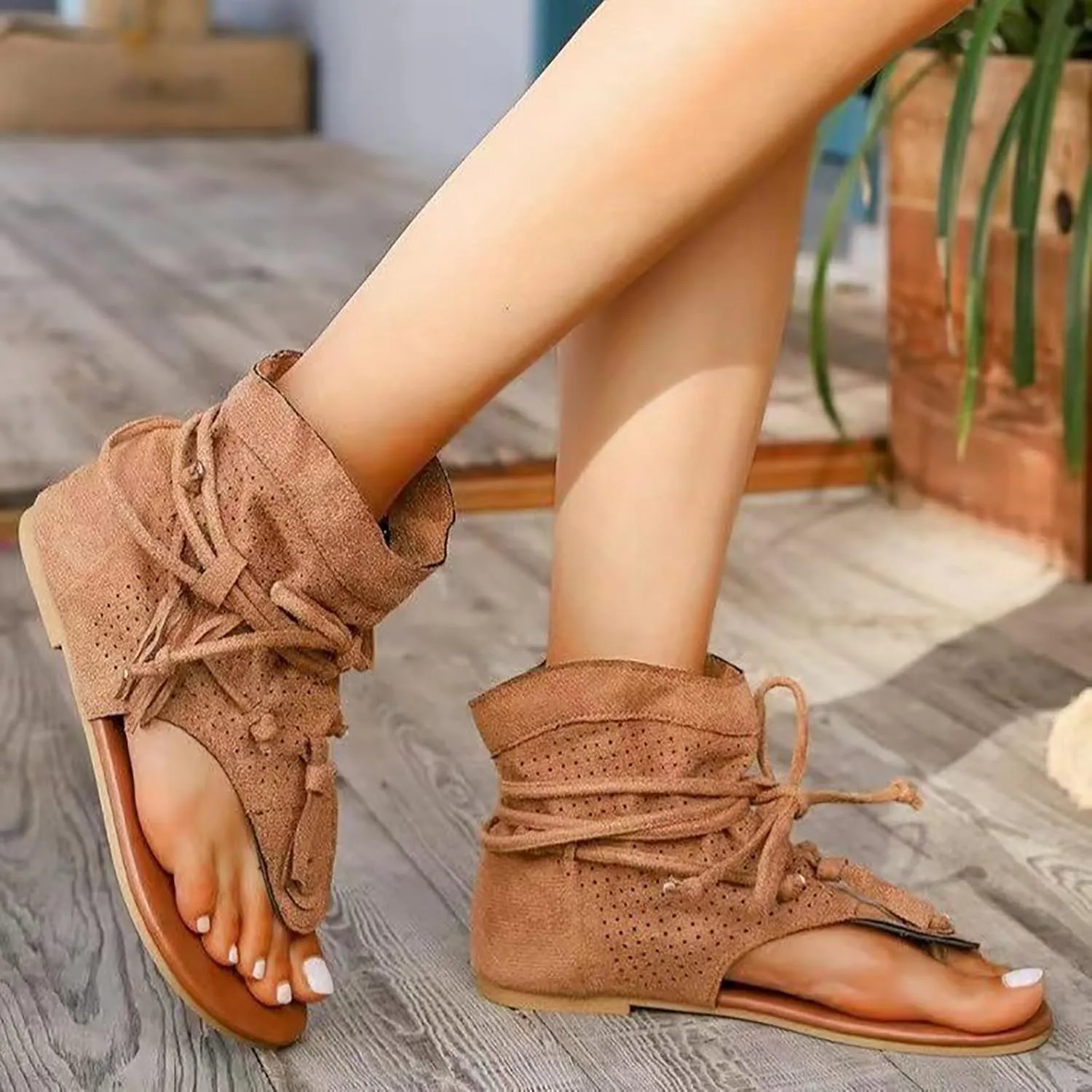 Women's Tassel Gladiator Flip Flops Sandals,Summer Retro Bohemian T-Strap Roman Open-Toe Sandals Casual Beach Flat Clip Toe Ankle Boots