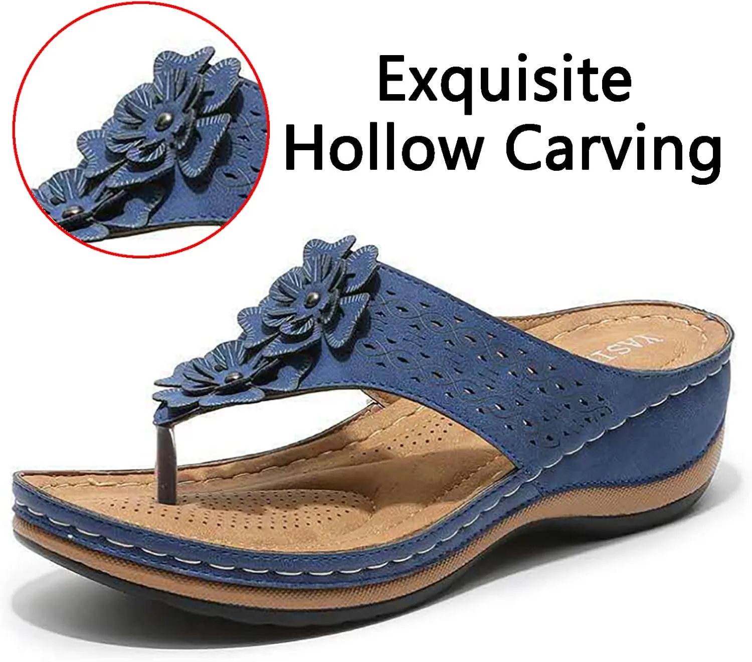 Women's Vintage 3D Floral Cutout Sandals with Arch Support Flip Flops,Bohemian Wedge Open Toe Casual Walking Beach Sandals