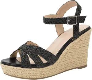 Women's Wedge Platform Sandals - Stylish Raffia Woven Espadrilles Summer Sandals Women's Open Toe Buckle Ankle Wedge Heels