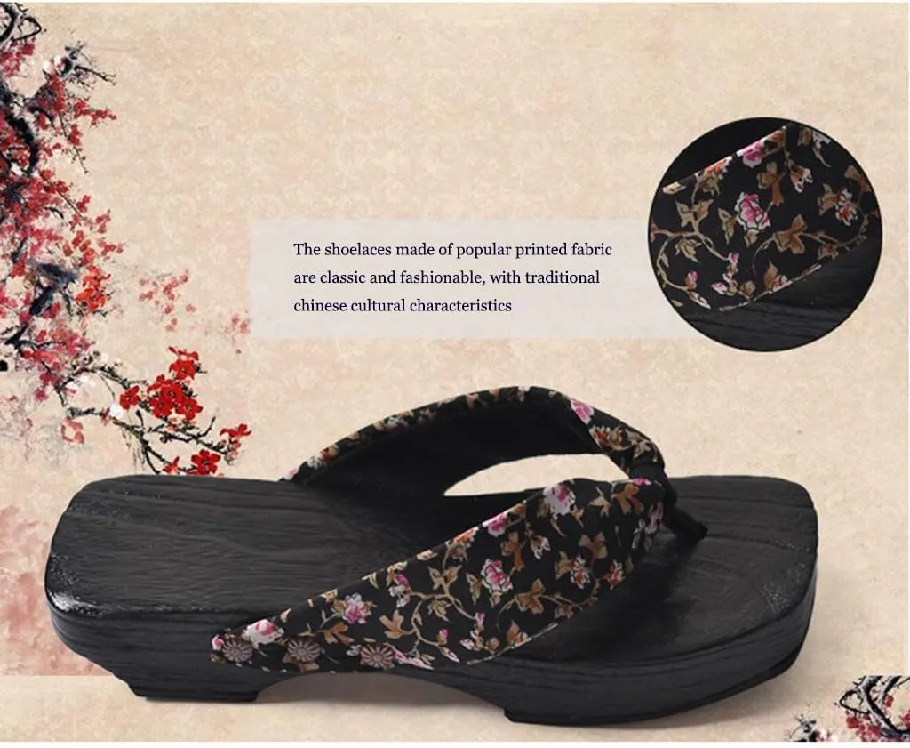 Wooden Clogs Herringbone Slippers,Japan Traditional Shoes,Women's Slopes High Heels Home Clip Feet Cool Shoes,Couple's Bathroom Beach Shoes