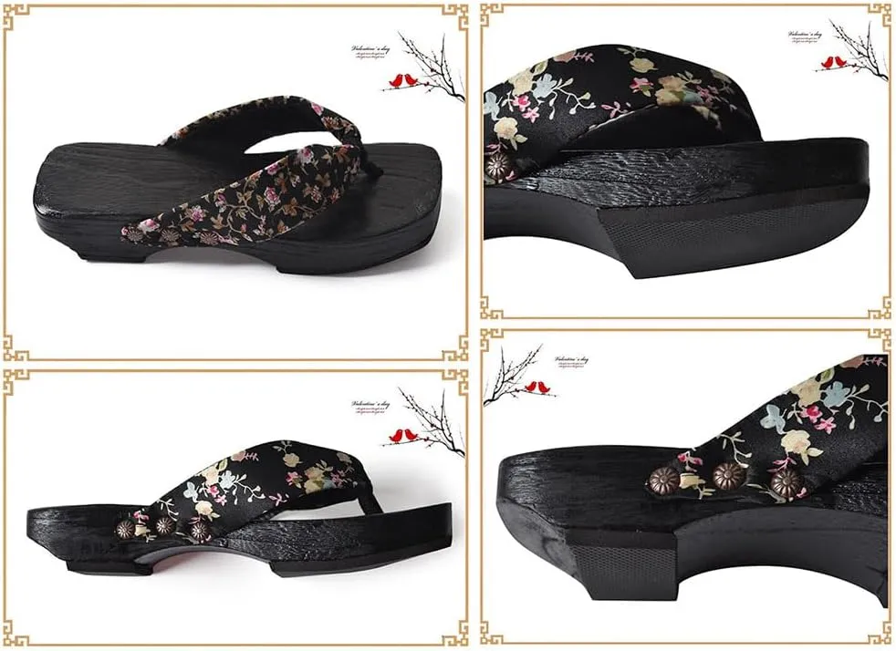 Wooden Clogs Herringbone Slippers,Japan Traditional Shoes,Women's Slopes High Heels Home Clip Feet Cool Shoes,Couple's Bathroom Beach Shoes