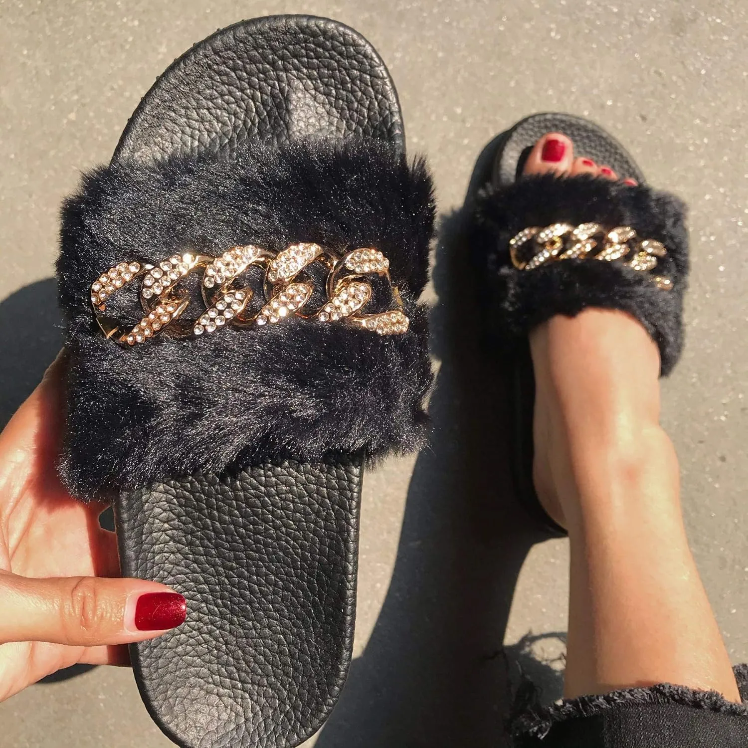 xsby Women's Soft Faux Fur Flat Slide Sandals Comfortable Slipper