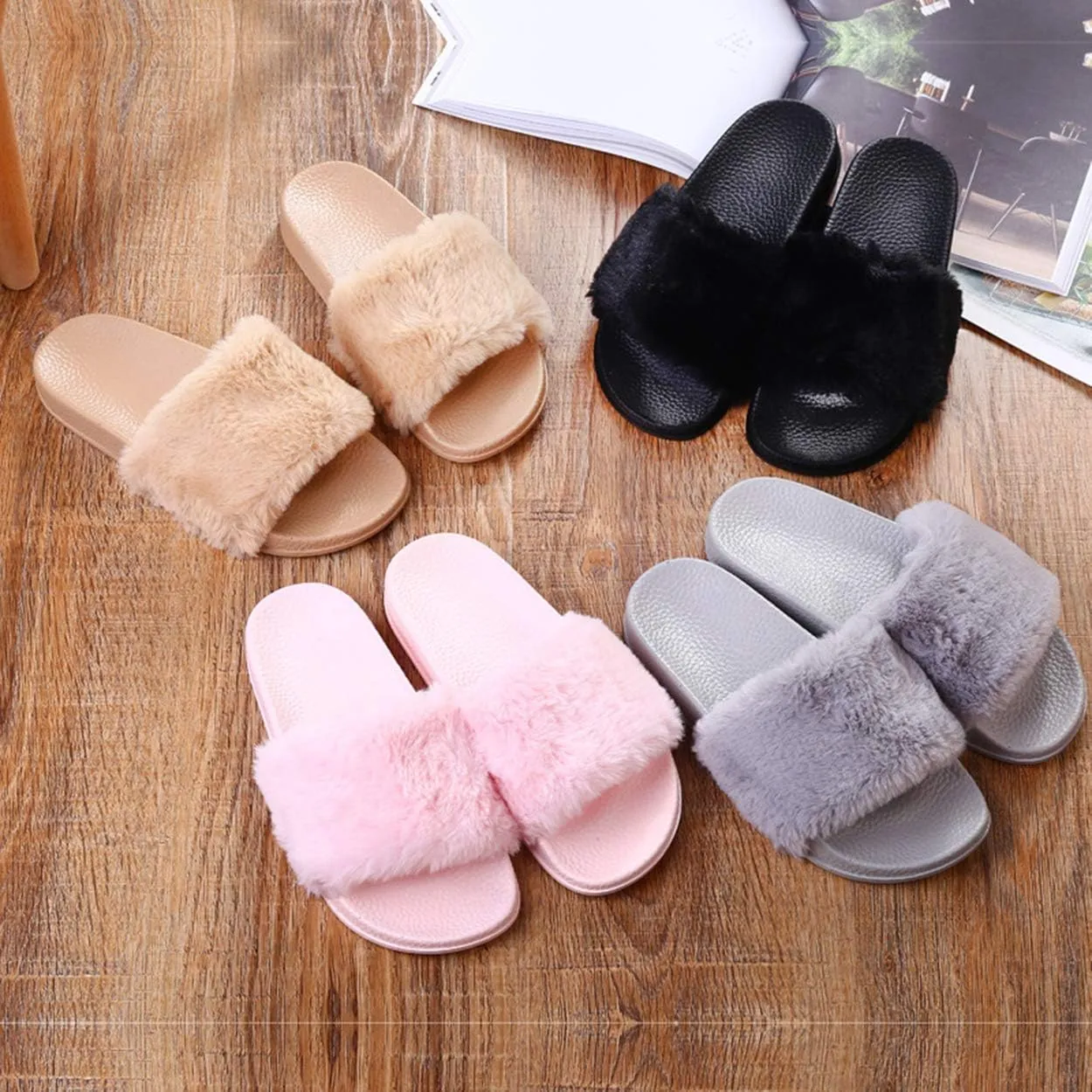 xsby Women's Soft Faux Fur Flat Slide Sandals Comfortable Slipper