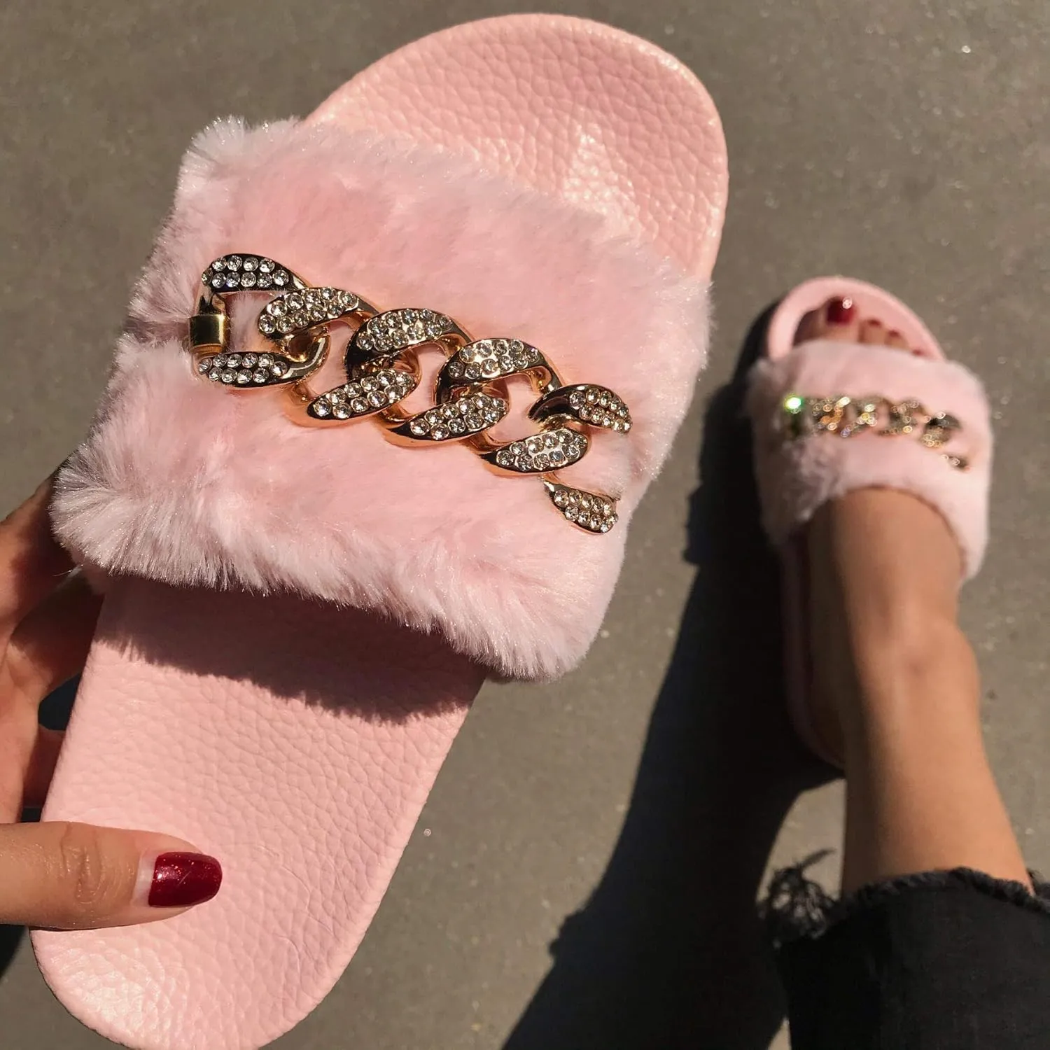 xsby Women's Soft Faux Fur Flat Slide Sandals Comfortable Slipper