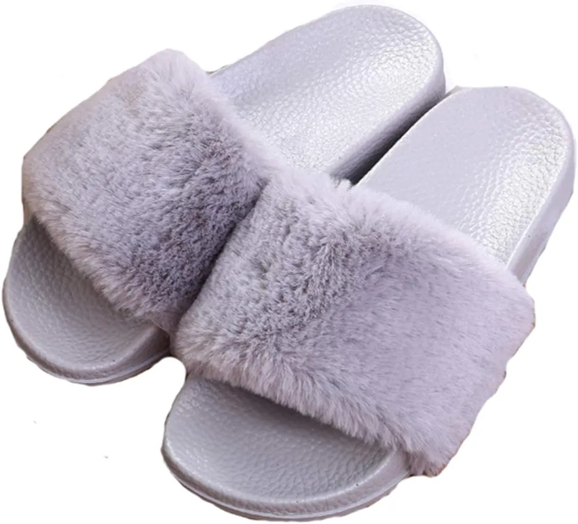 xsby Women's Soft Faux Fur Flat Slide Sandals Comfortable Slipper