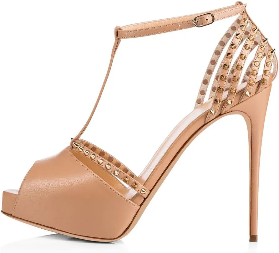 XYD Night Club Sexy Platform High Heel Stiletto Spikes Studded Peep Toe T-strap Chic Sandals Shoes for Women