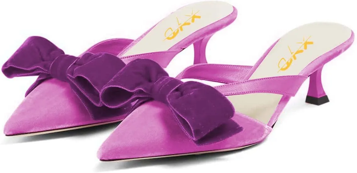 XYD Women Bowknot Closed Pointed Toe Mule Sandals Mid Kitten Heel Slip On Slide Slippers Evening Party Shoes