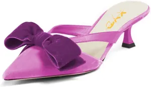 XYD Women Bowknot Closed Pointed Toe Mule Sandals Mid Kitten Heel Slip On Slide Slippers Evening Party Shoes