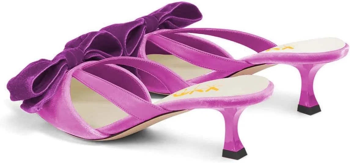 XYD Women Bowknot Closed Pointed Toe Mule Sandals Mid Kitten Heel Slip On Slide Slippers Evening Party Shoes