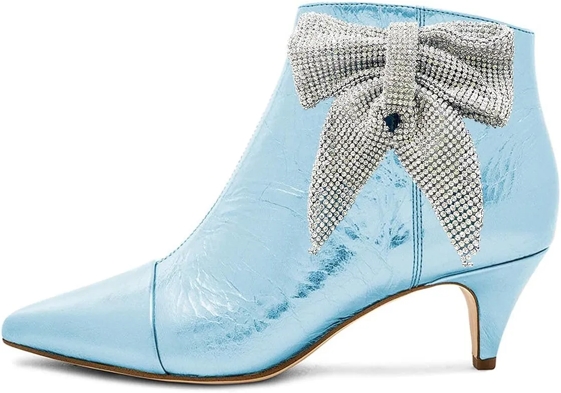 XYD Women Chic Low Kitten Heels Ankle Boots with Side Crystal Bowknot Pointed Cap Toe Zip Up Dress Booties Shoes