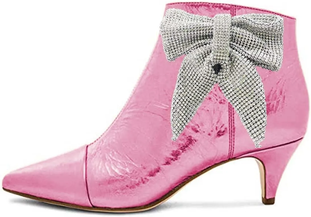 XYD Women Chic Low Kitten Heels Ankle Boots with Side Crystal Bowknot Pointed Cap Toe Zip Up Dress Booties Shoes