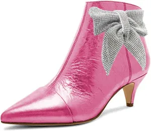 XYD Women Chic Low Kitten Heels Ankle Boots with Side Crystal Bowknot Pointed Cap Toe Zip Up Dress Booties Shoes