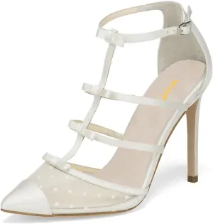 XYD Women Chic Polka Dots Pointed Toe Heeled Sandals Crossover T-strap with Bowtie High Heels Mesh Wedding Party Pumps Shoes
