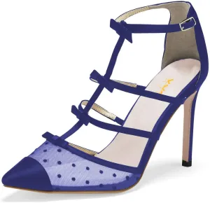 XYD Women Chic Polka Dots Pointed Toe Heeled Sandals Crossover T-strap with Bowtie High Heels Mesh Wedding Party Pumps Shoes