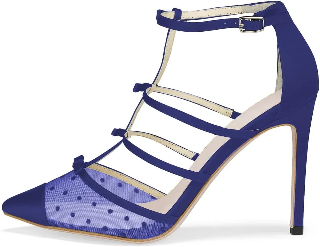 XYD Women Chic Polka Dots Pointed Toe Heeled Sandals Crossover T-strap with Bowtie High Heels Mesh Wedding Party Pumps Shoes
