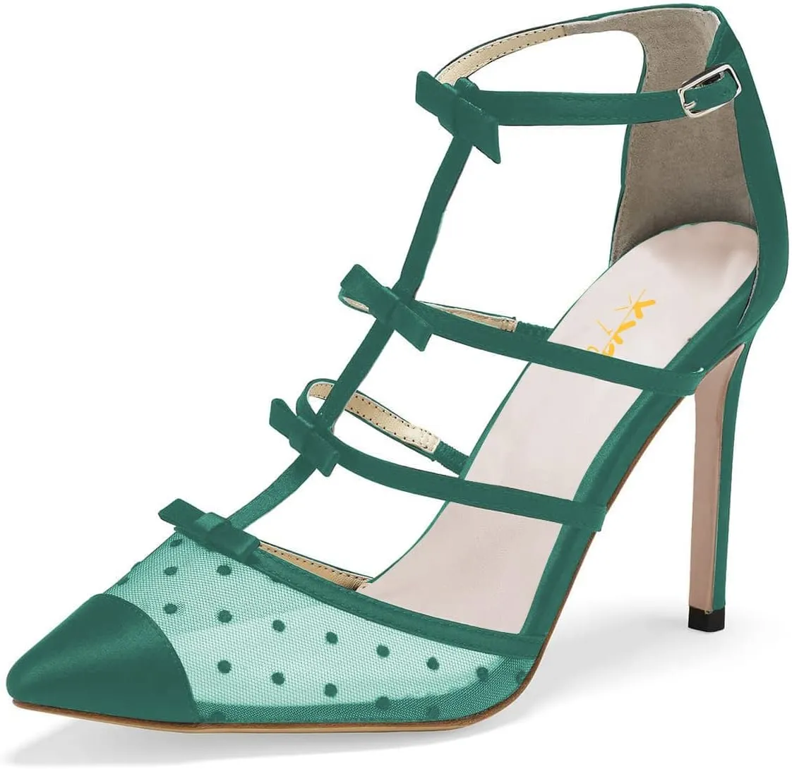 XYD Women Chic Polka Dots Pointed Toe Heeled Sandals Crossover T-strap with Bowtie High Heels Mesh Wedding Party Pumps Shoes