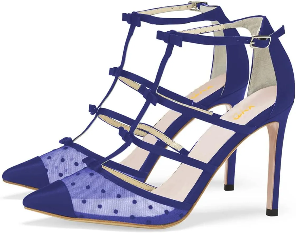XYD Women Chic Polka Dots Pointed Toe Heeled Sandals Crossover T-strap with Bowtie High Heels Mesh Wedding Party Pumps Shoes