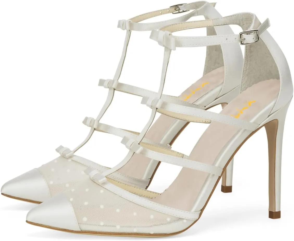 XYD Women Chic Polka Dots Pointed Toe Heeled Sandals Crossover T-strap with Bowtie High Heels Mesh Wedding Party Pumps Shoes