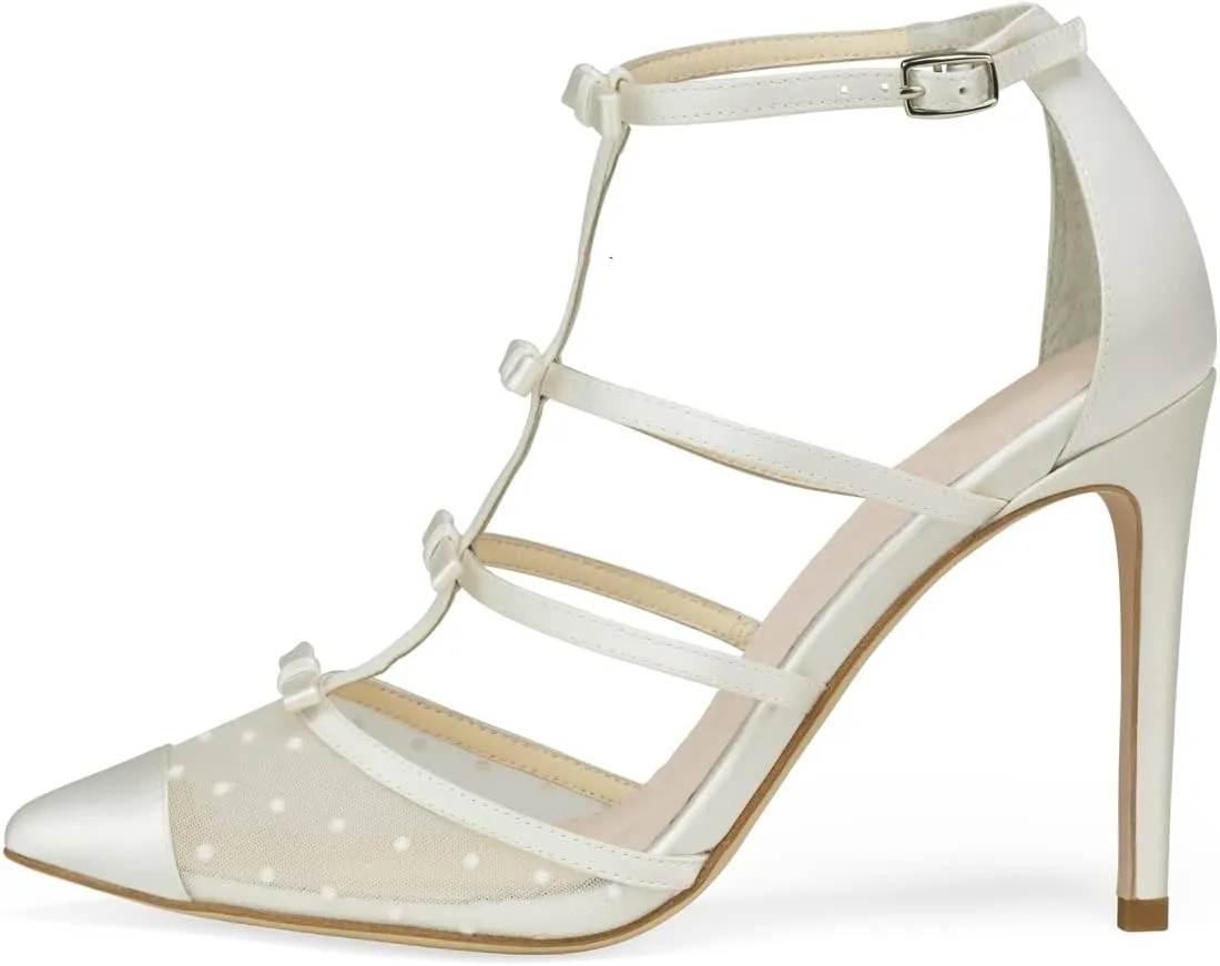 XYD Women Chic Polka Dots Pointed Toe Heeled Sandals Crossover T-strap with Bowtie High Heels Mesh Wedding Party Pumps Shoes