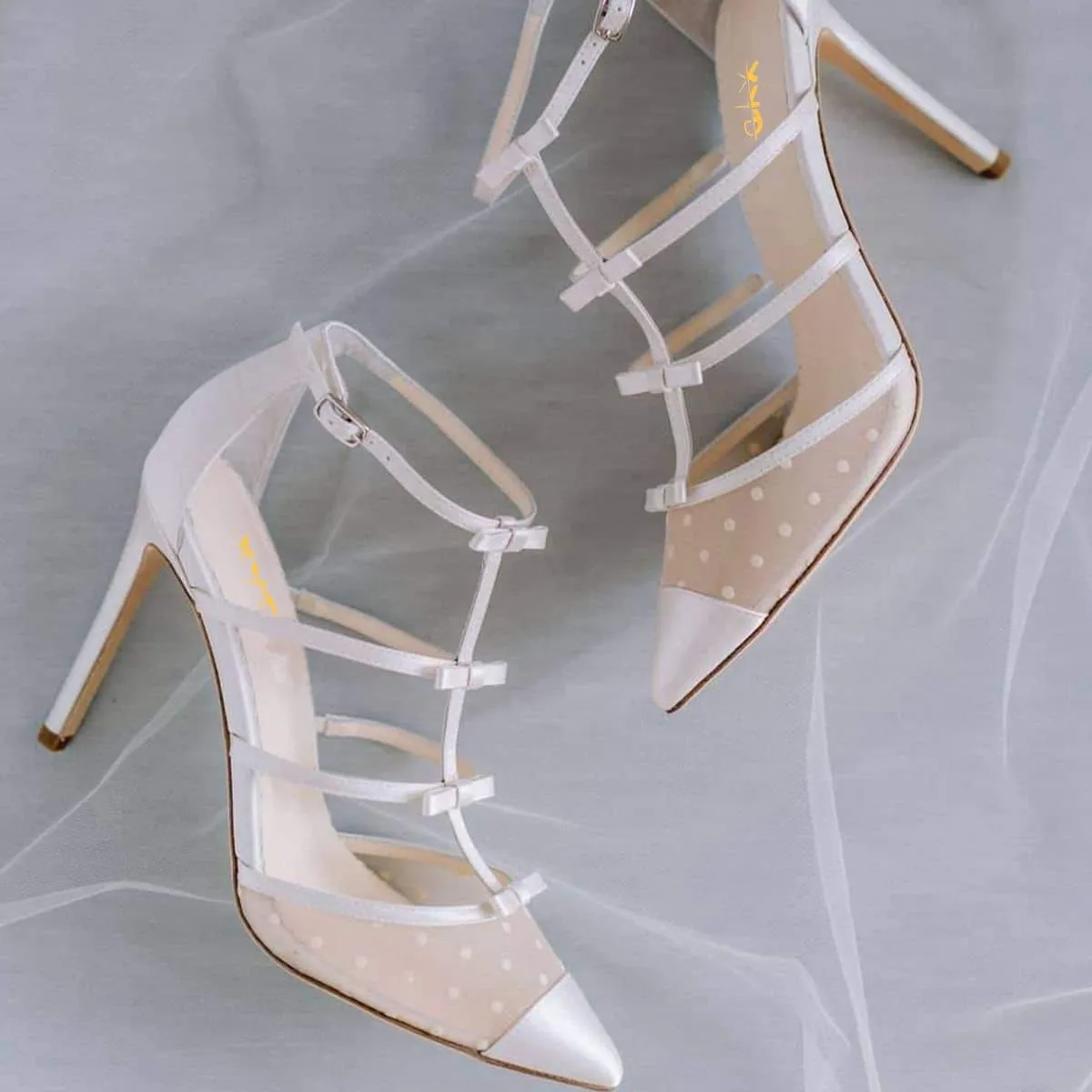XYD Women Chic Polka Dots Pointed Toe Heeled Sandals Crossover T-strap with Bowtie High Heels Mesh Wedding Party Pumps Shoes