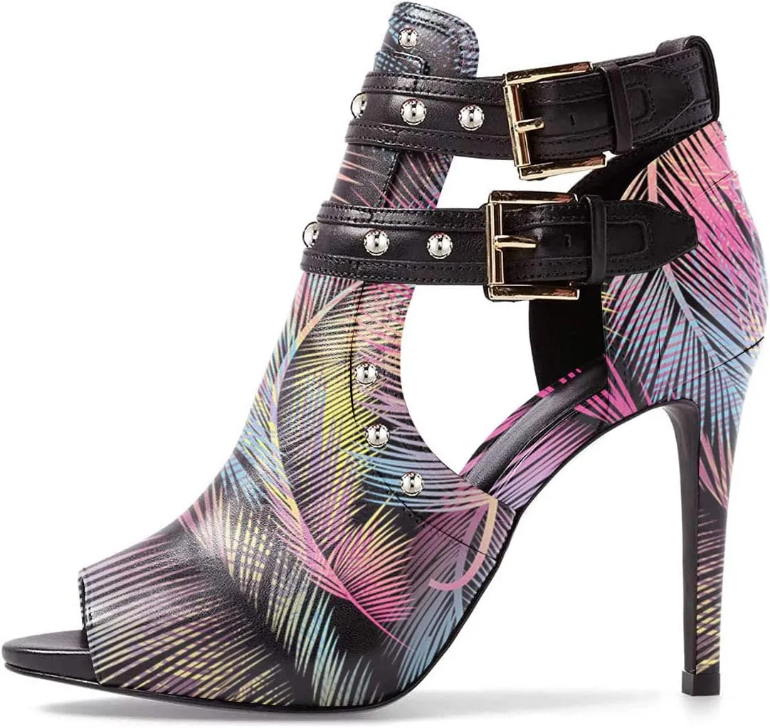 XYD Women Chic Studs Peep Toe Ankle Bootie High Heel Pumps Buckled Double Straps Cutout Fashion Party Shoes