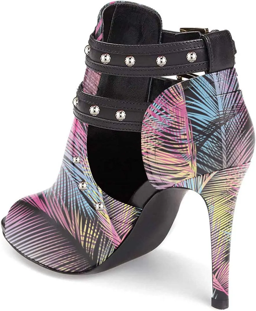 XYD Women Chic Studs Peep Toe Ankle Bootie High Heel Pumps Buckled Double Straps Cutout Fashion Party Shoes