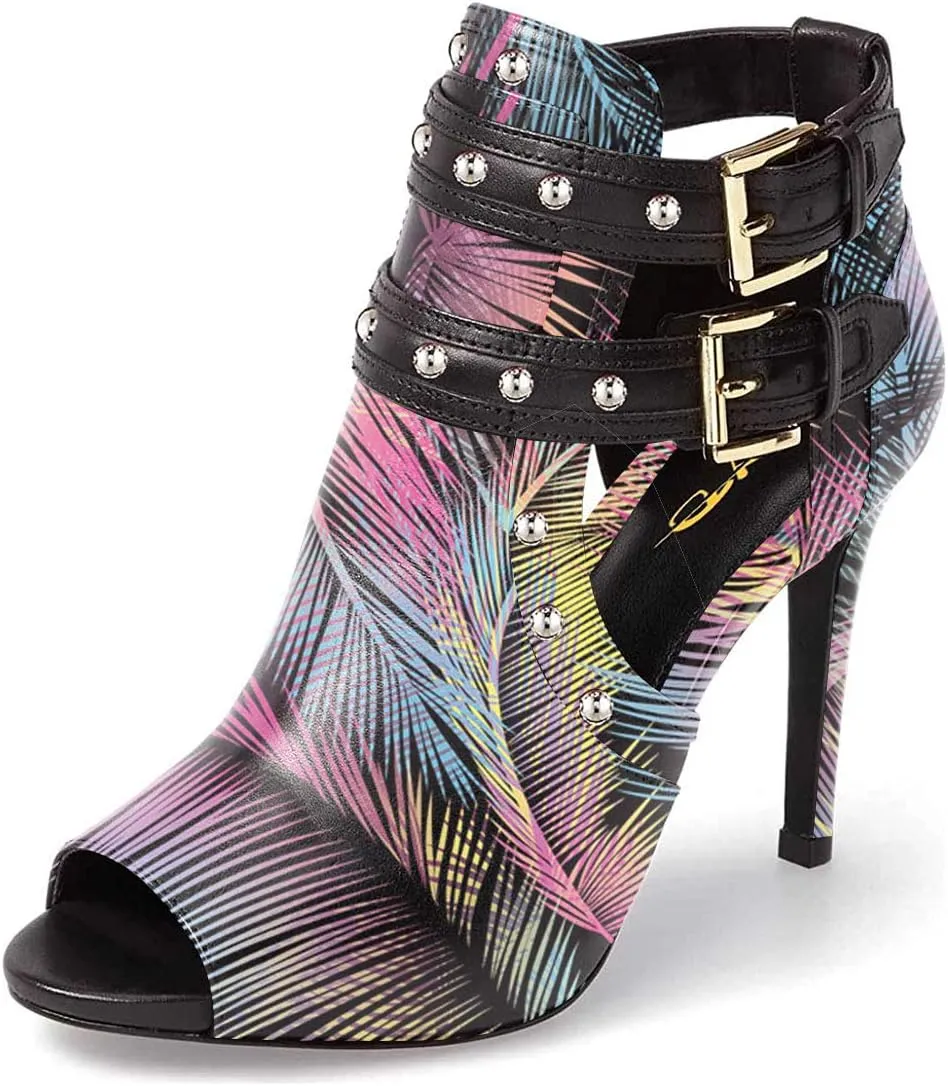 XYD Women Chic Studs Peep Toe Ankle Bootie High Heel Pumps Buckled Double Straps Cutout Fashion Party Shoes