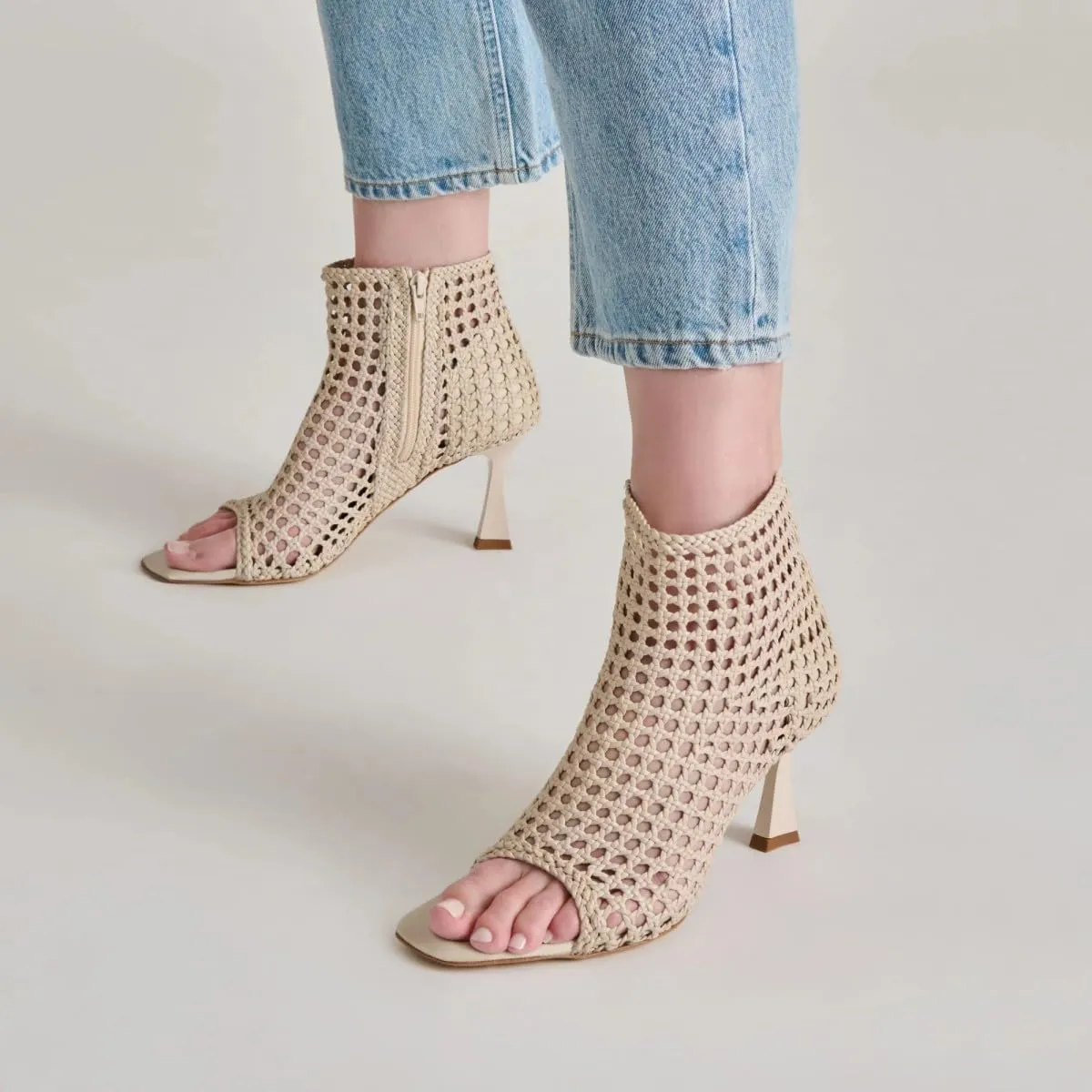XYD Women Chic Woven Ankle Boots with Zip Square Open Toe Mid Heel Sandals Event Shoes