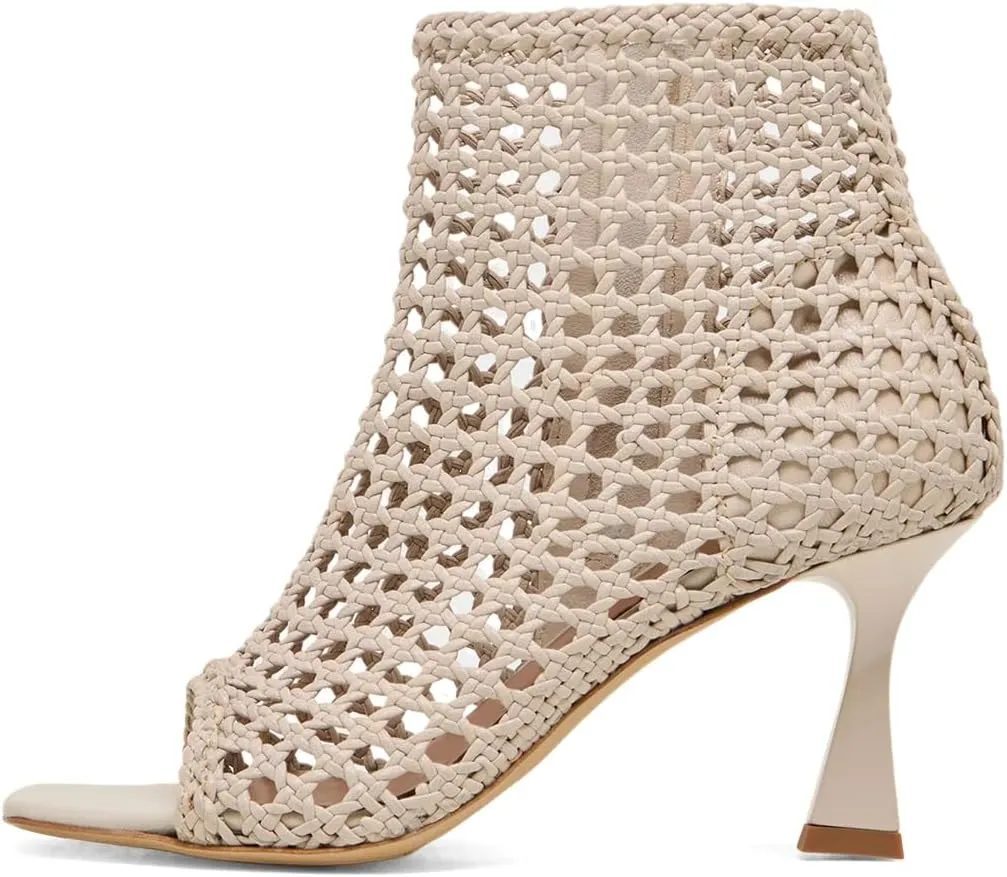 XYD Women Chic Woven Ankle Boots with Zip Square Open Toe Mid Heel Sandals Event Shoes