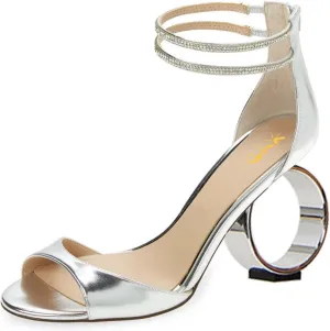 XYD Women Crystal Ankle Straps Open Peep Toe Sandals with Back Zip Chic Round Circle High Heel Party Shoes
