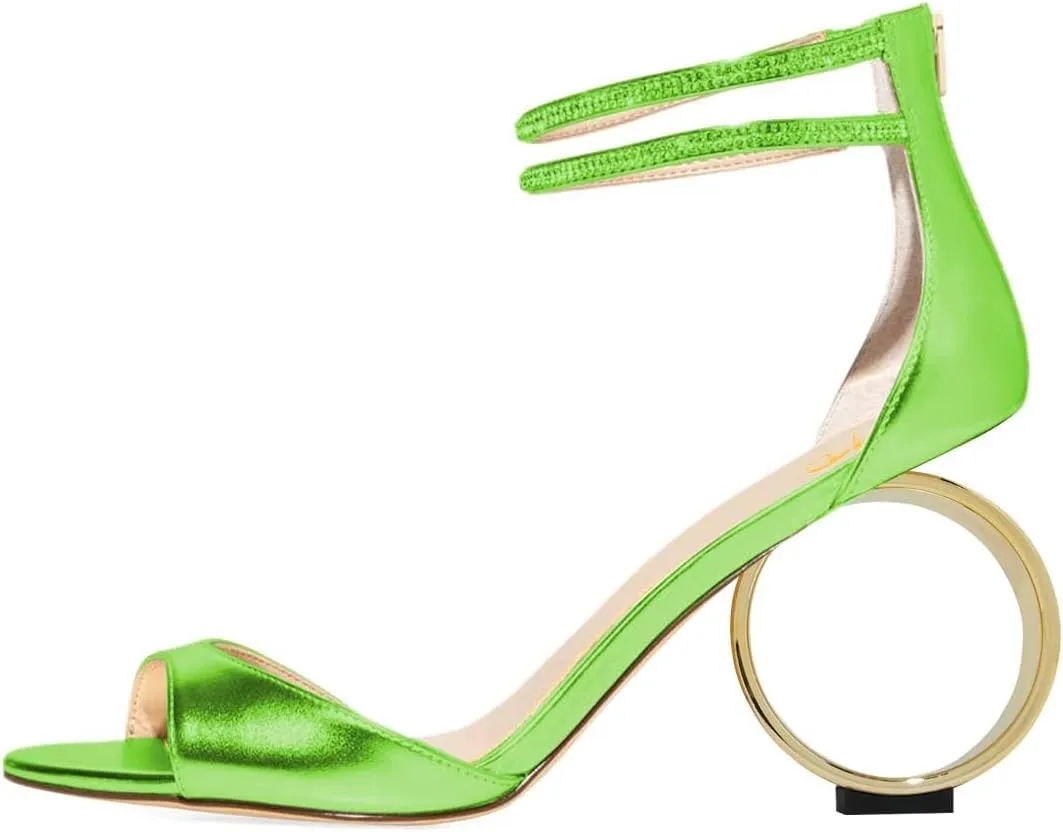 XYD Women Crystal Ankle Straps Open Peep Toe Sandals with Back Zip Chic Round Circle High Heel Party Shoes