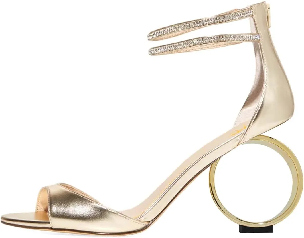 XYD Women Crystal Ankle Straps Open Peep Toe Sandals with Back Zip Chic Round Circle High Heel Party Shoes